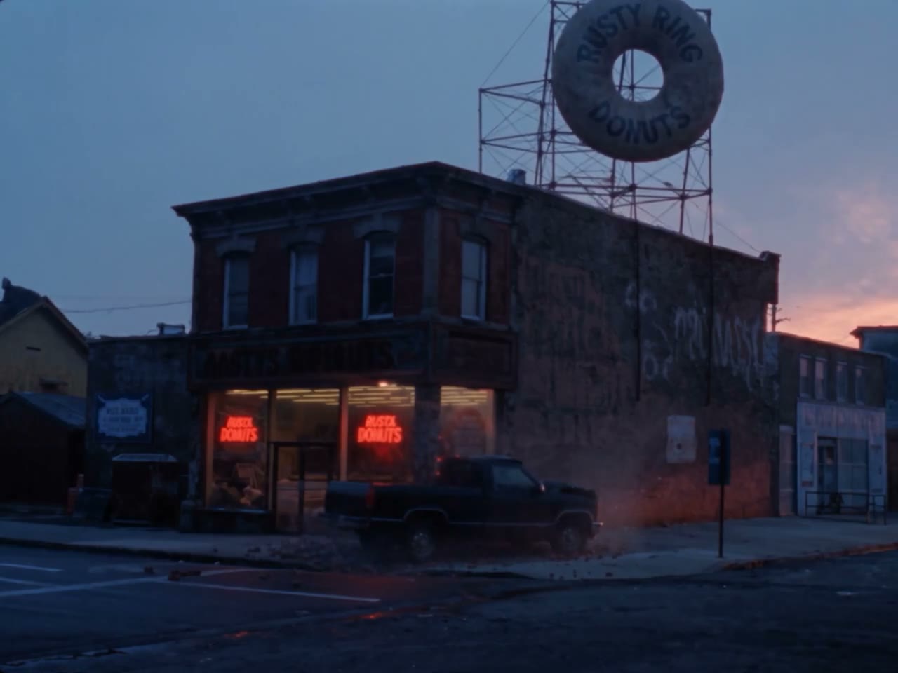 Une voiture face à une enseigne de donuts