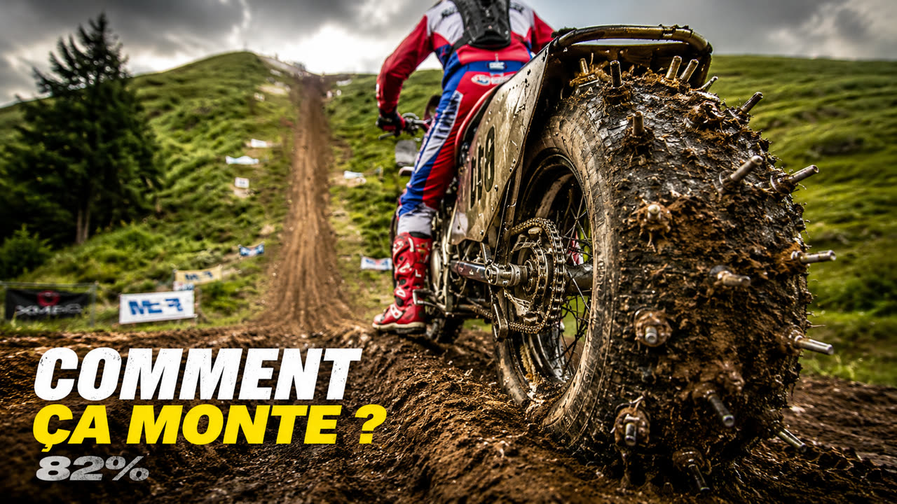 Miniature : moto à pneus cloutés sur une colline, texte Comment ça monte